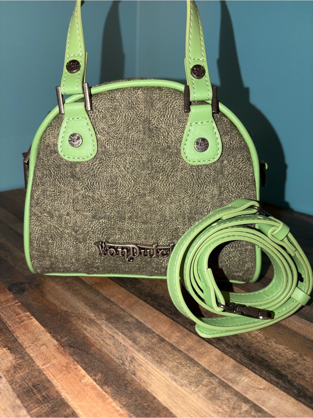 Von Dutch Tan Body Bowling Bag Dome Handbag with Lime Trim- Unreleased! NWOT